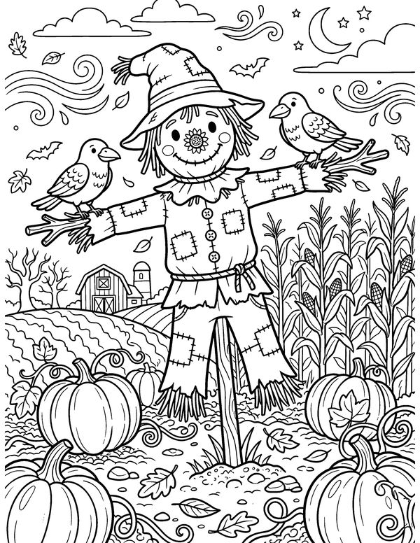 Detailed Friendly Scarecrow free printable Halloween coloring page