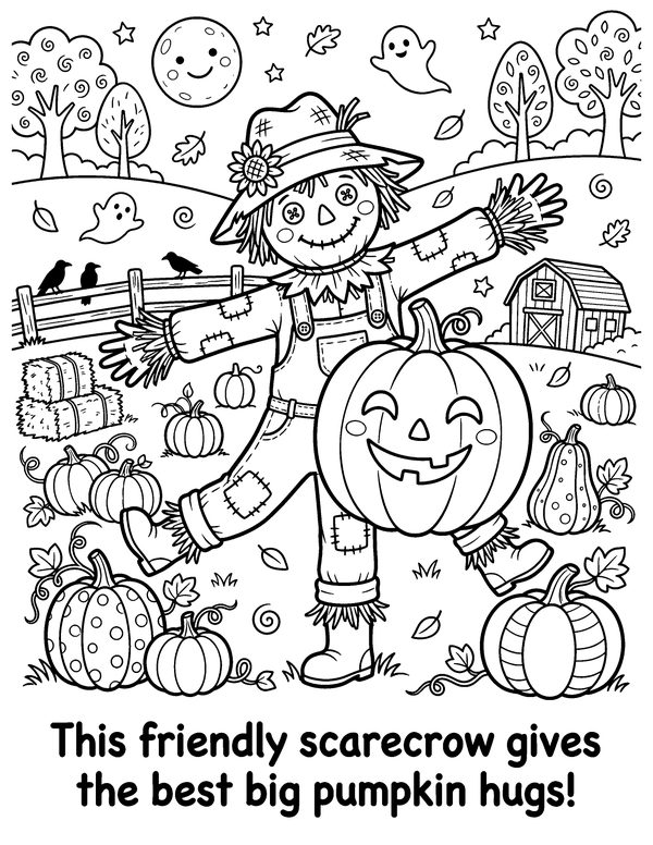Scarecrow & Pumpkin Patch free printable Halloween coloring page