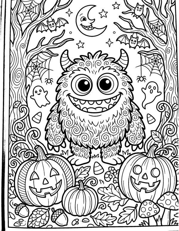 Detailed Silly Furry Monster free printable Halloween coloring page