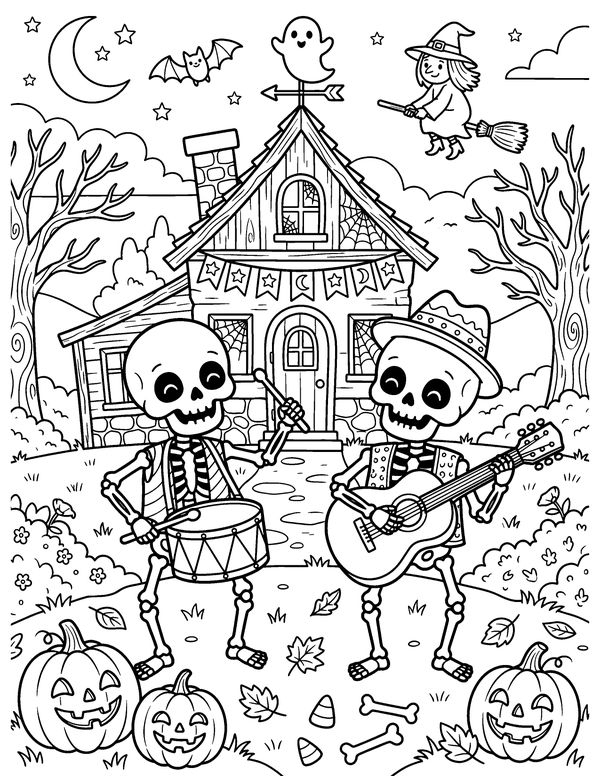 Detailed Skeleton Band free printable Halloween coloring page