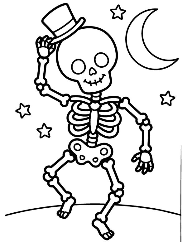 Dancing Skeleton in a Top Hat free printable Halloween coloring page