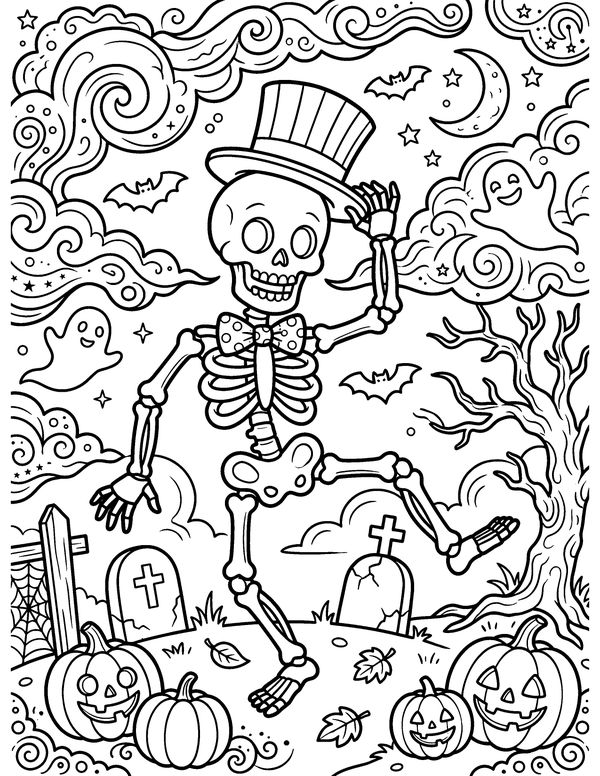 Detailed Dancing Skeleton in a Top Hat free printable Halloween coloring page