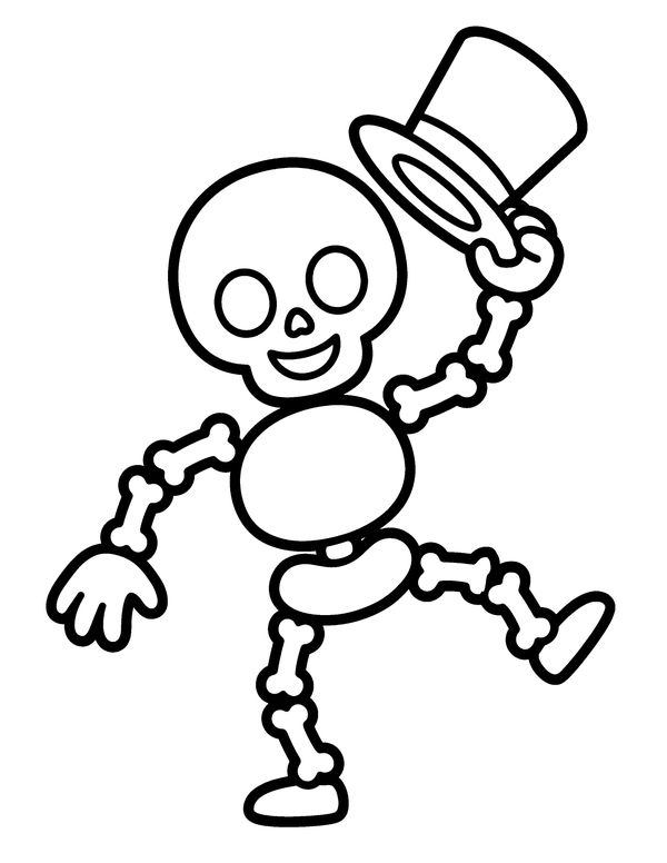Easy Dancing Skeleton in a Top Hat free printable Halloween coloring page