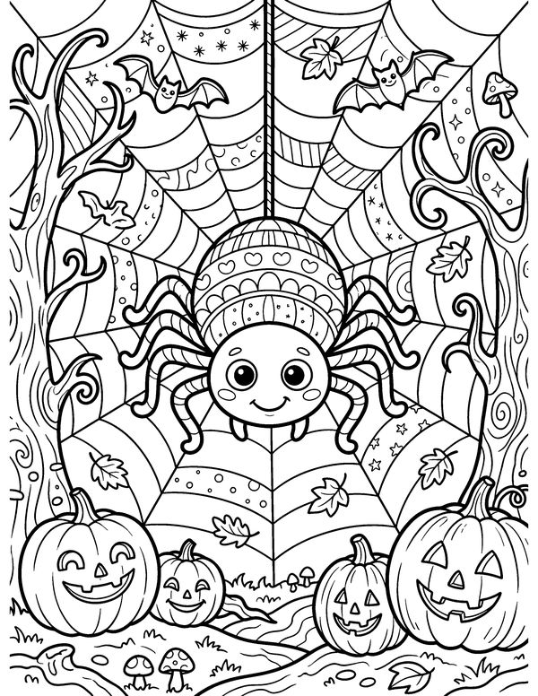 Detailed Smiling Spider free printable Halloween coloring page
