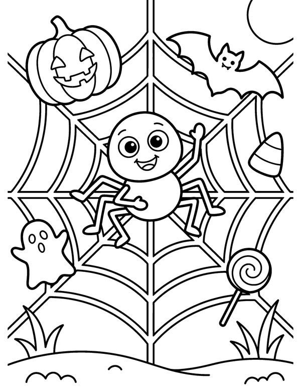 Spider in Its Web free printable Halloween coloring page