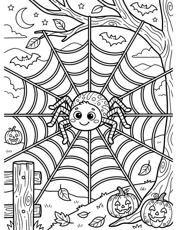 Detailed Spider in Its Web free printable Halloween coloring page