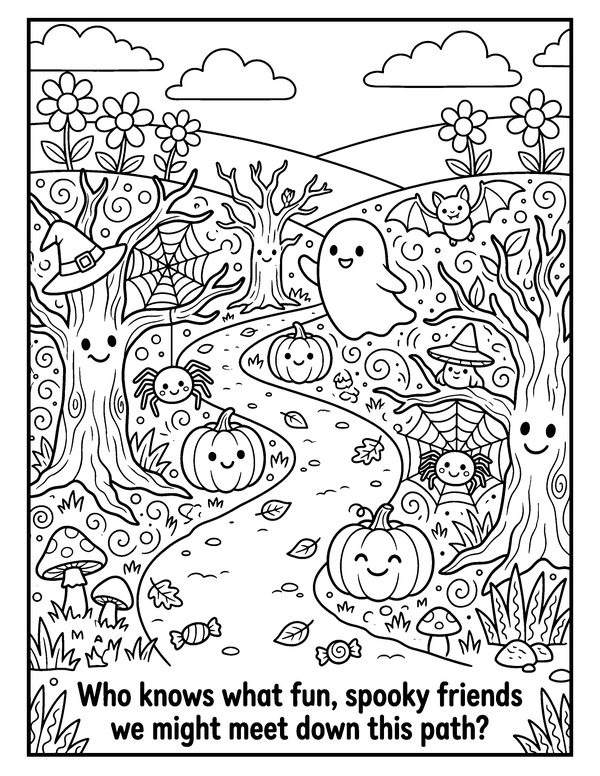 Spooky Forest Path free printable Halloween coloring page
