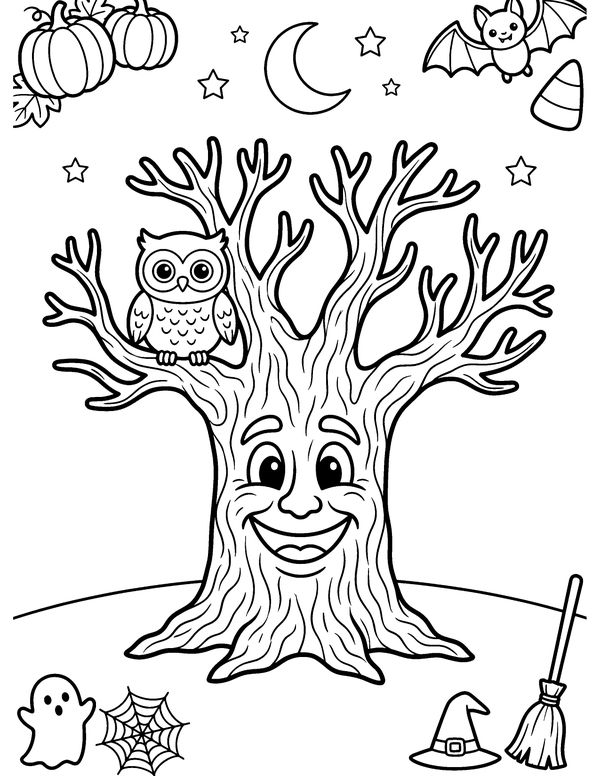 Spooky Tree with a Face free printable Halloween coloring page