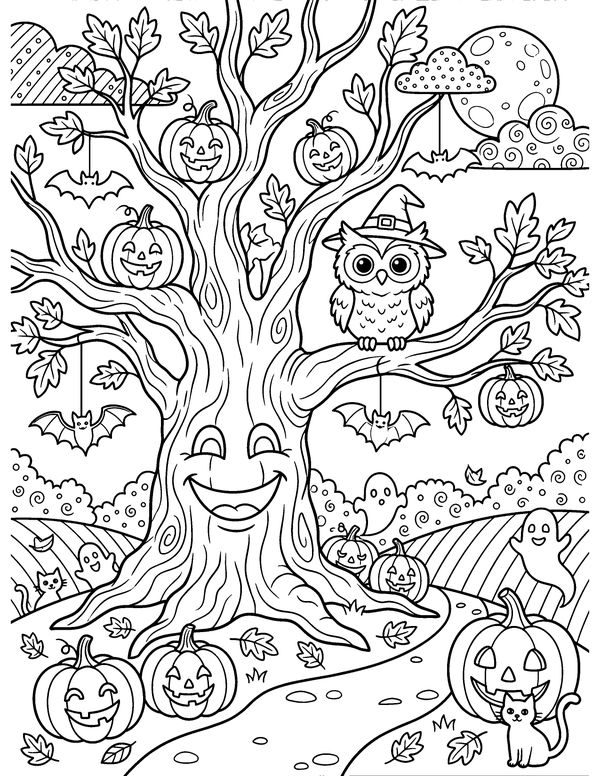 Detailed Spooky Tree with a Face free printable Halloween coloring page