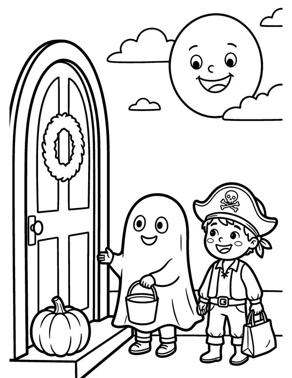 Trick-or-Treat at the Door free printable Halloween coloring page