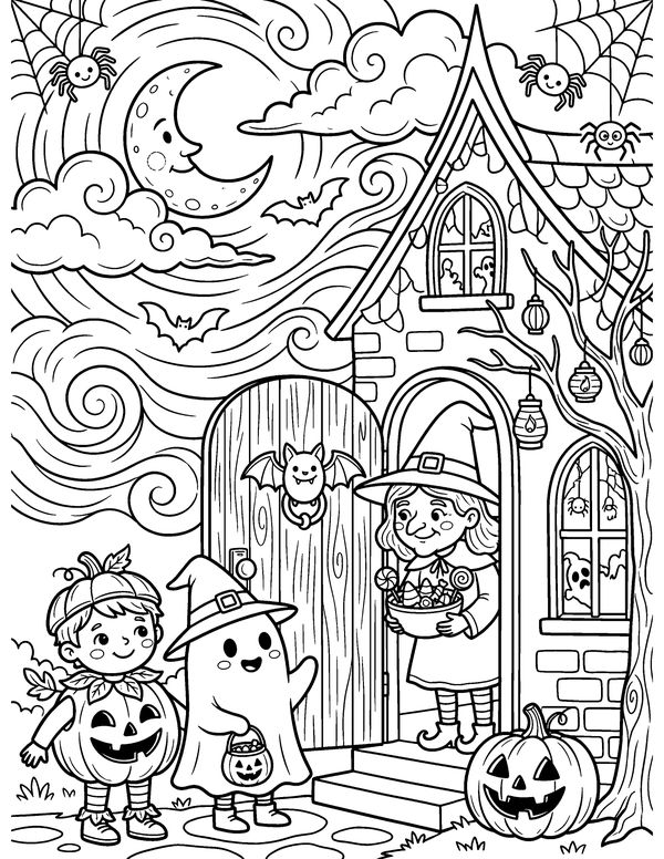 Detailed Trick-or-Treat at the Door free printable Halloween coloring page