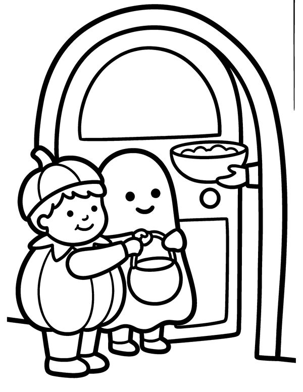 Easy Trick-or-Treat at the Door free printable Halloween coloring page