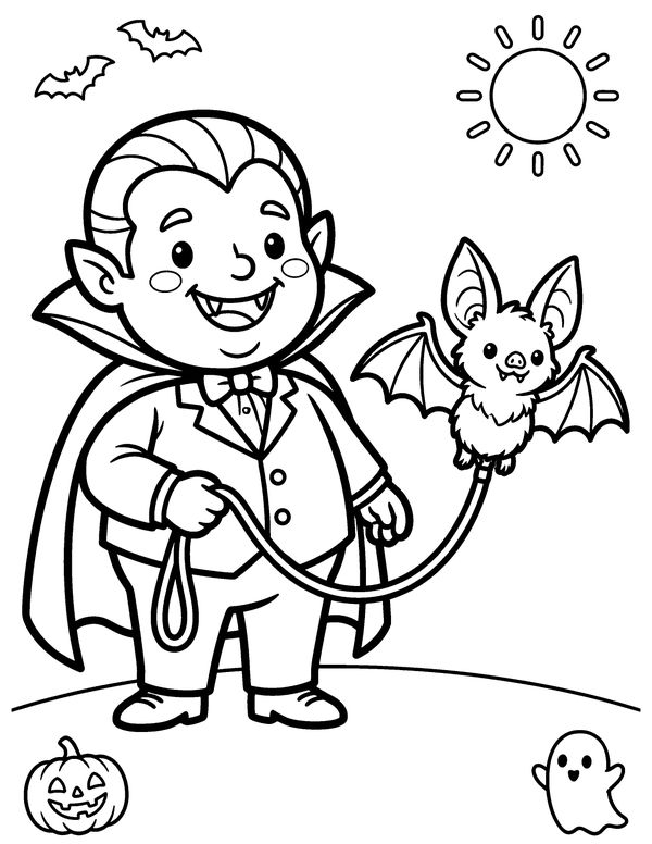 Vampire and Pet Bat free printable Halloween coloring page
