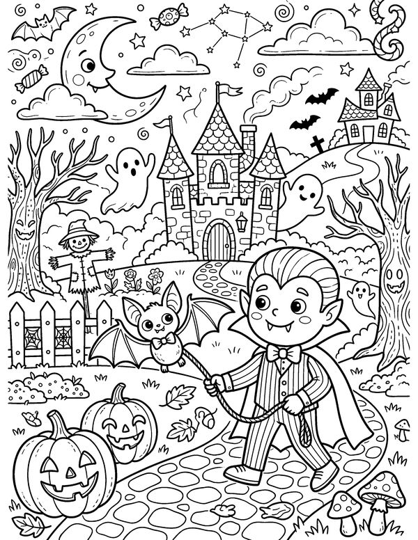 Detailed Vampire and Pet Bat free printable Halloween coloring page