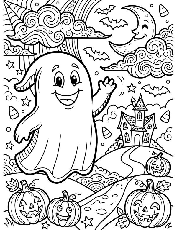 Detailed Waving Ghost free printable Halloween coloring page