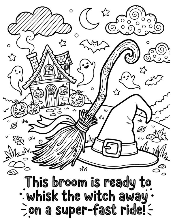 Witch's Broom & Cottage free printable Halloween coloring page