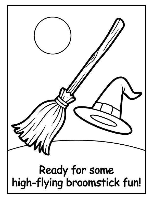 Witch's Broom & Hat free printable Halloween coloring page