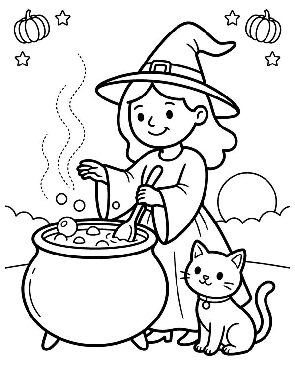 Witch and Her Cat free printable Halloween coloring page
