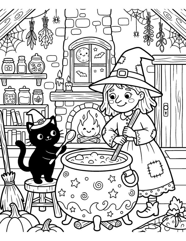 Detailed Witch and Her Cat free printable Halloween coloring page