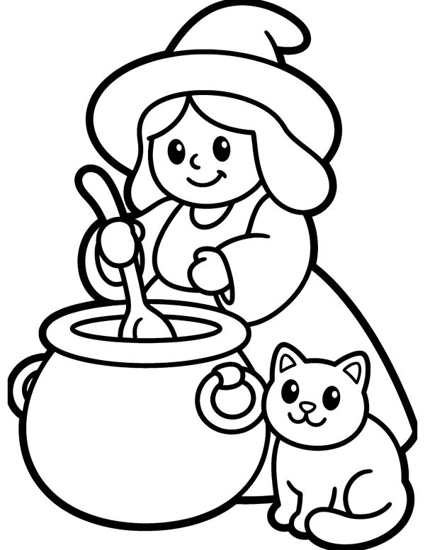 Easy Witch and Her Cat free printable Halloween coloring page