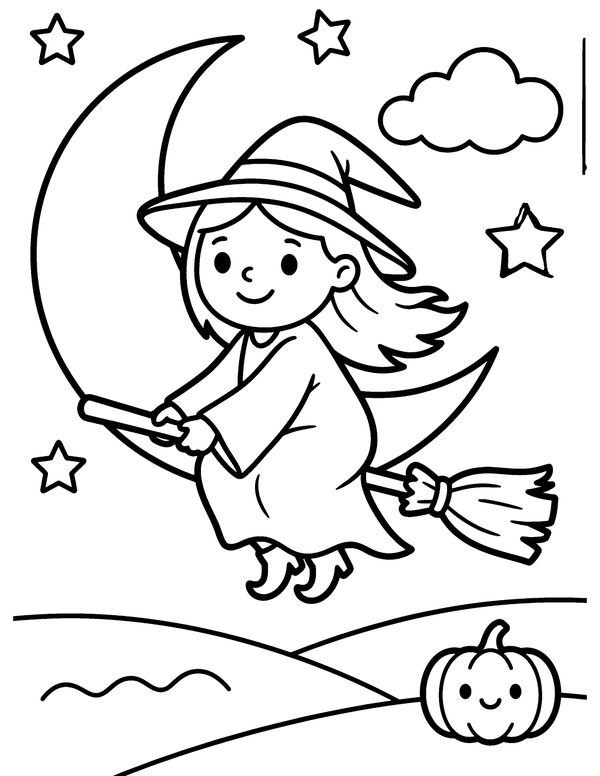 Witch on a Broomstick free printable Halloween coloring page
