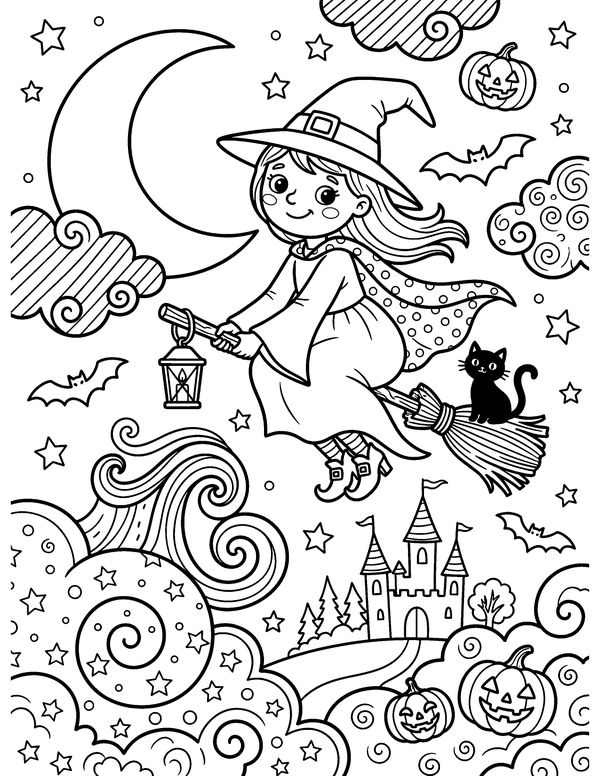 Detailed Witch on a Broomstick free printable Halloween coloring page