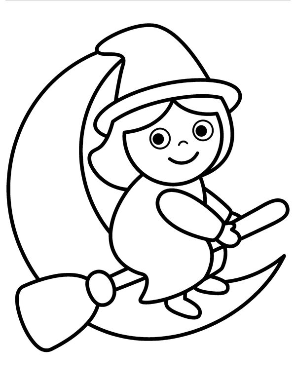 Easy Witch on a Broomstick free printable Halloween coloring page