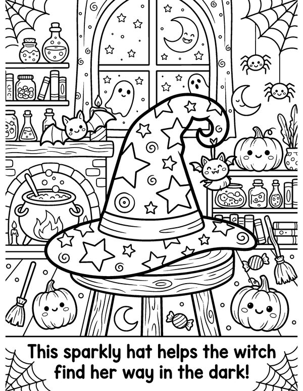 Witch's Workshop free printable Halloween coloring page