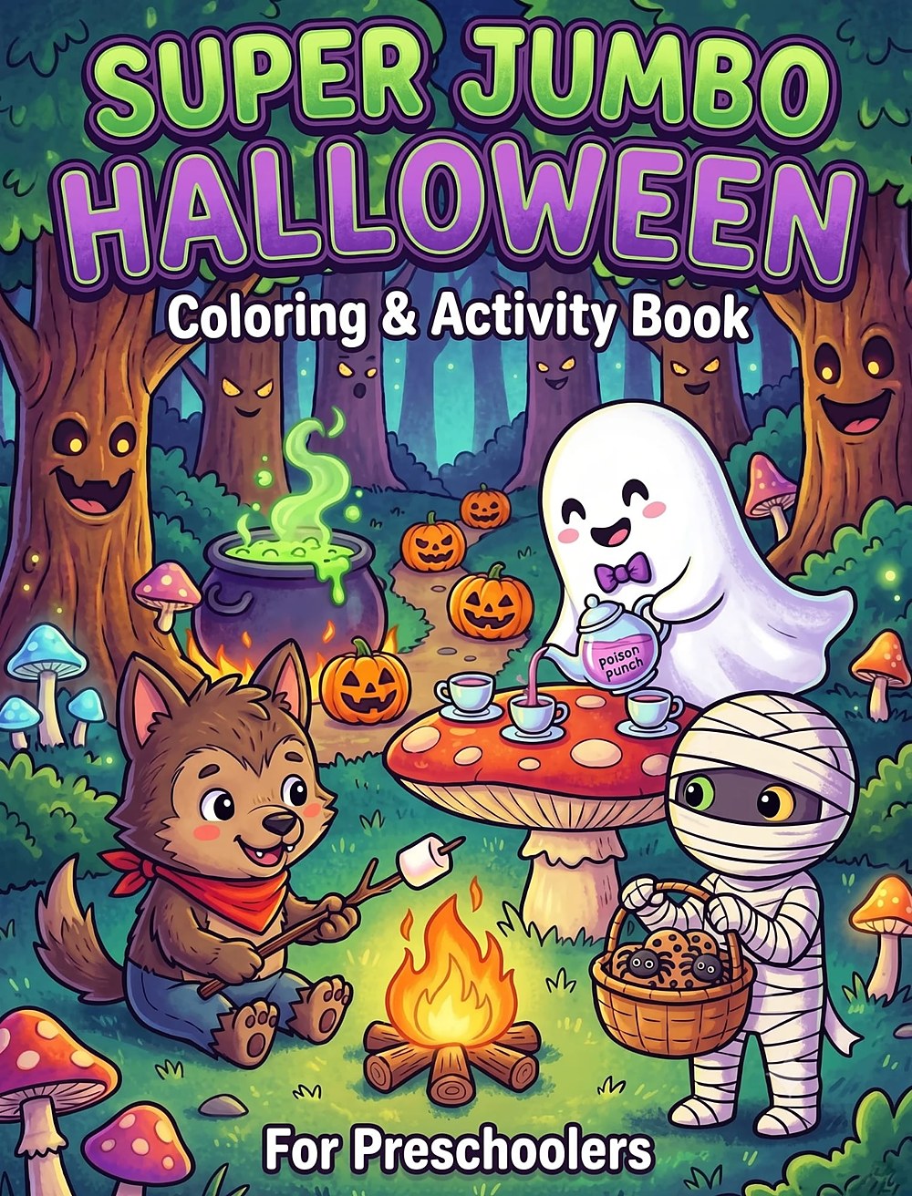 Cover of Version B — a werewolf pup toasting a marshmallow at a campfire, a ghost pouring 'poison punch' tea on a mushroom table and a mummy holding a basket of spider cookies in a friendly spooky forest