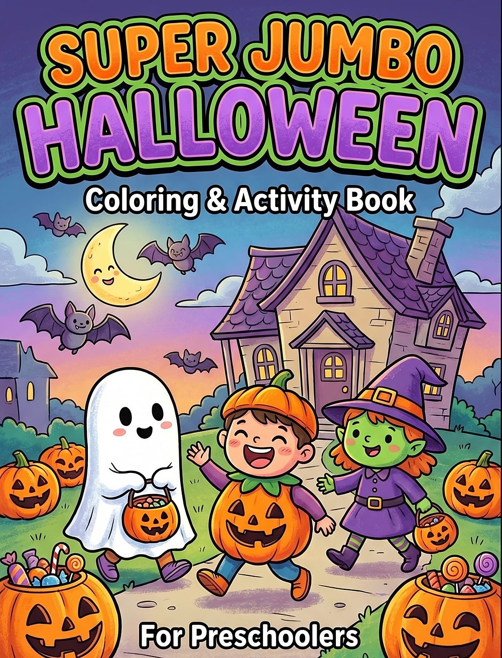 Cover of Version A — a friendly ghost, a boy in a pumpkin costume and a young witch trick-or-treating outside a haunted house under a smiling crescent moon and cute bats